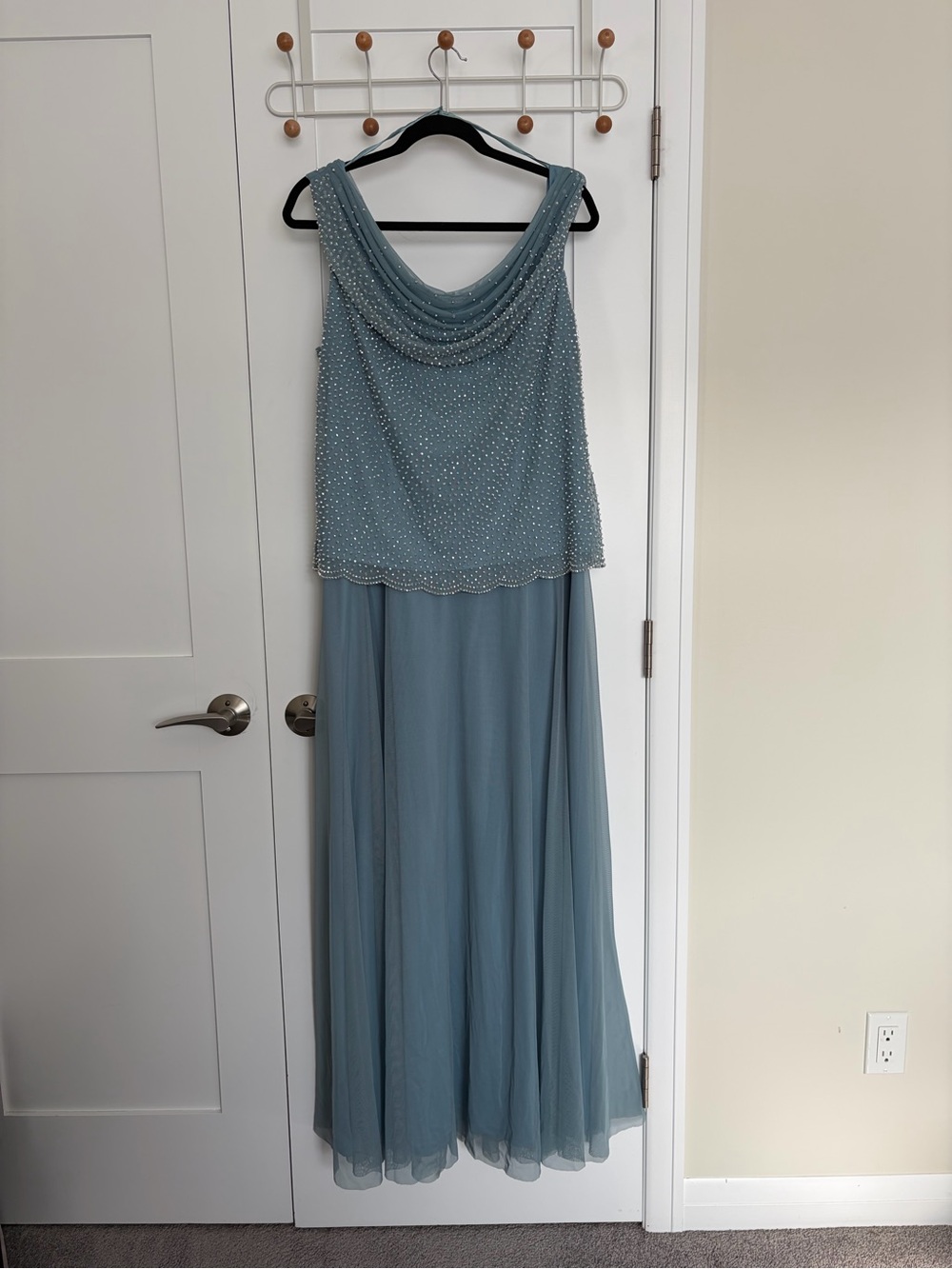 Cachet Dusty Blue Beaded Maxi Dress with Cowl Neck